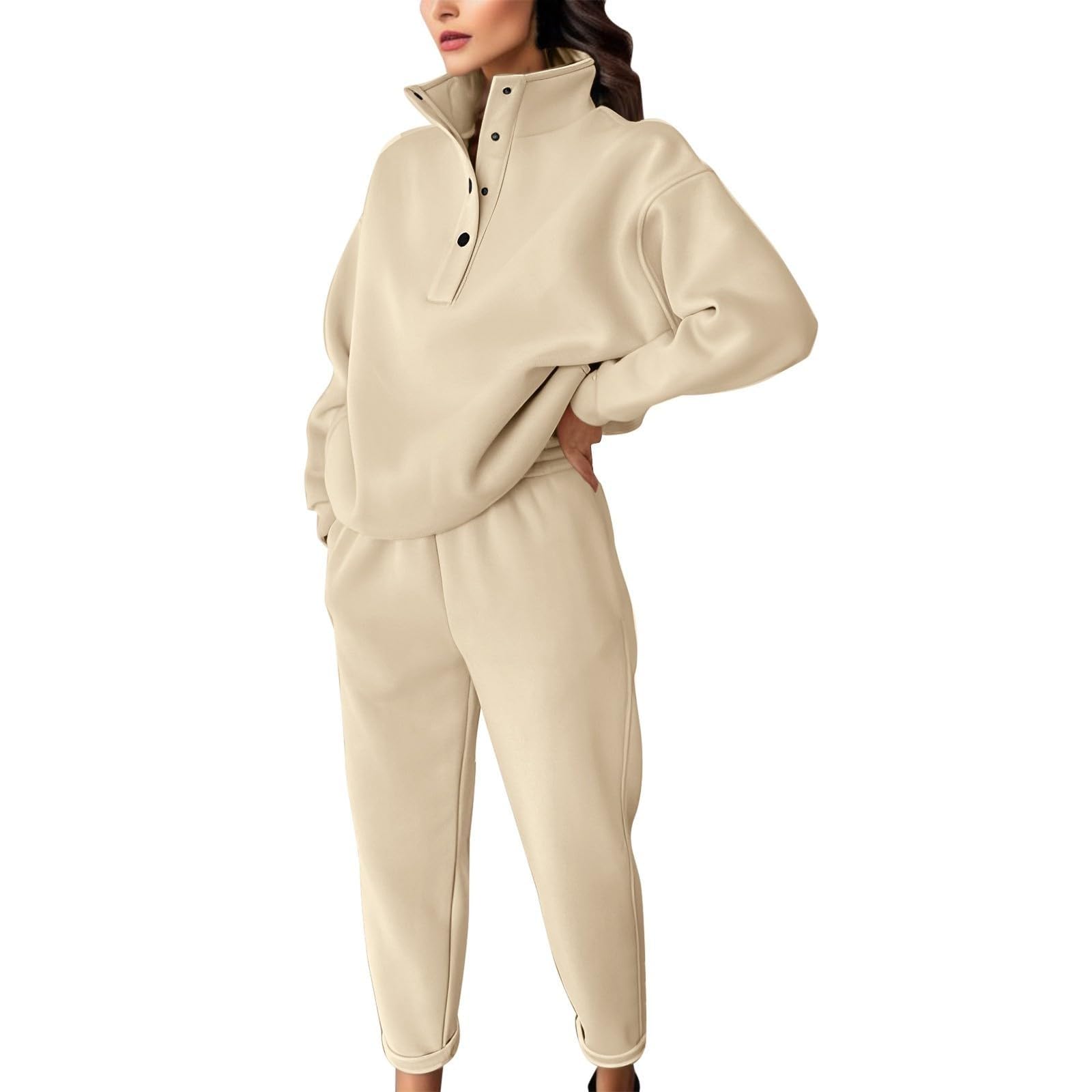 Women’s High Neck Quarter Zip Lounge Set Relaxed Sweatshirt & Jogger Pants 2 Piece Outfit