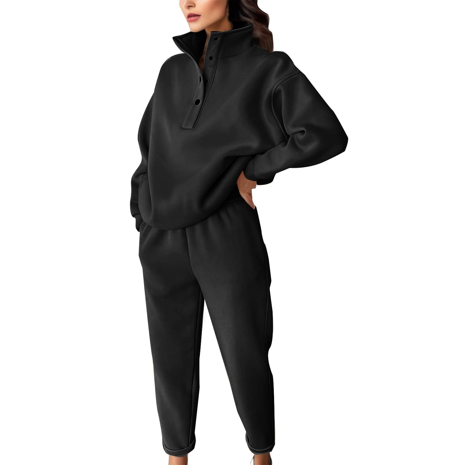 Women’s High Neck Quarter Zip Lounge Set Relaxed Sweatshirt & Jogger Pants 2 Piece Outfit