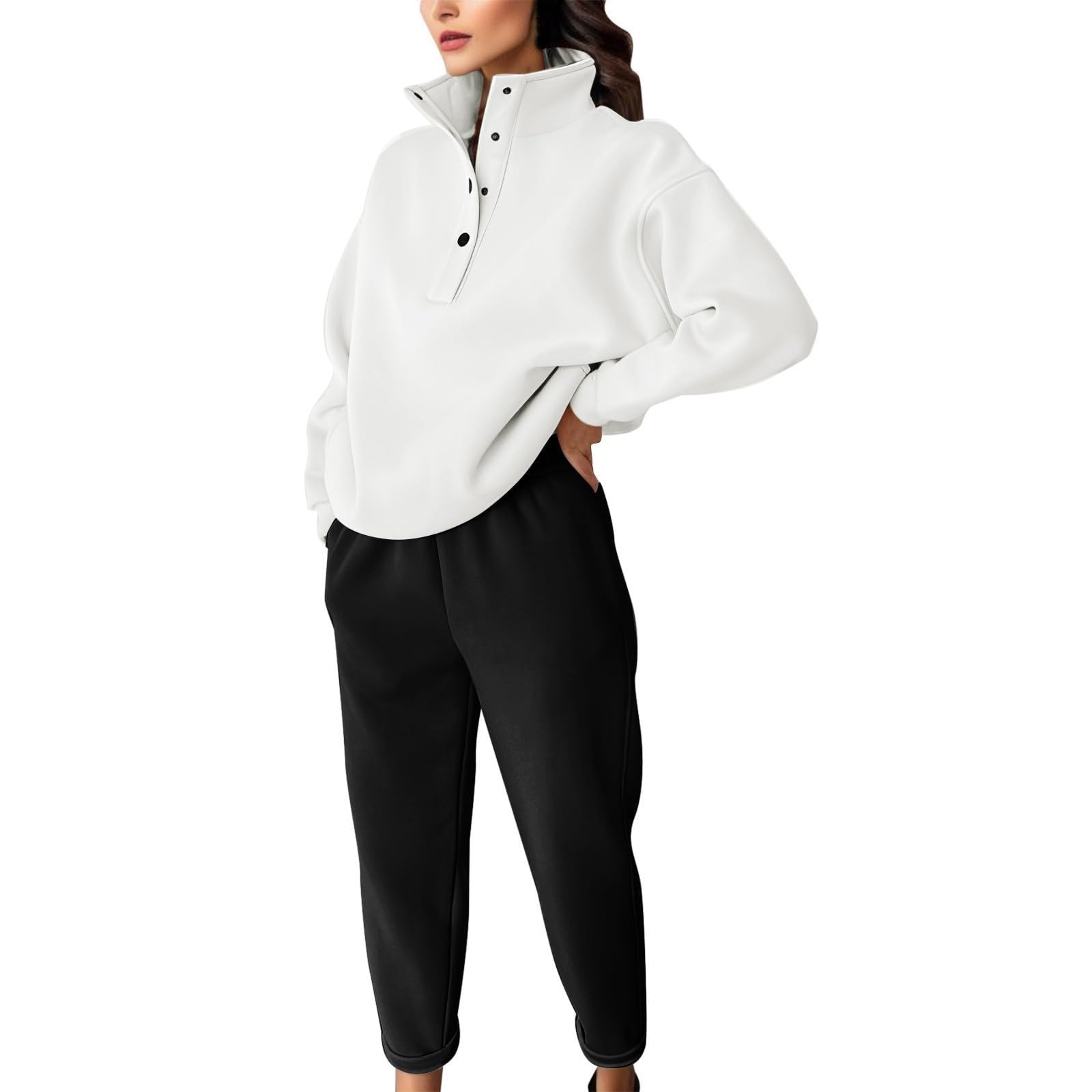 Women’s High Neck Quarter Zip Lounge Set Relaxed Sweatshirt & Jogger Pants 2 Piece Outfit