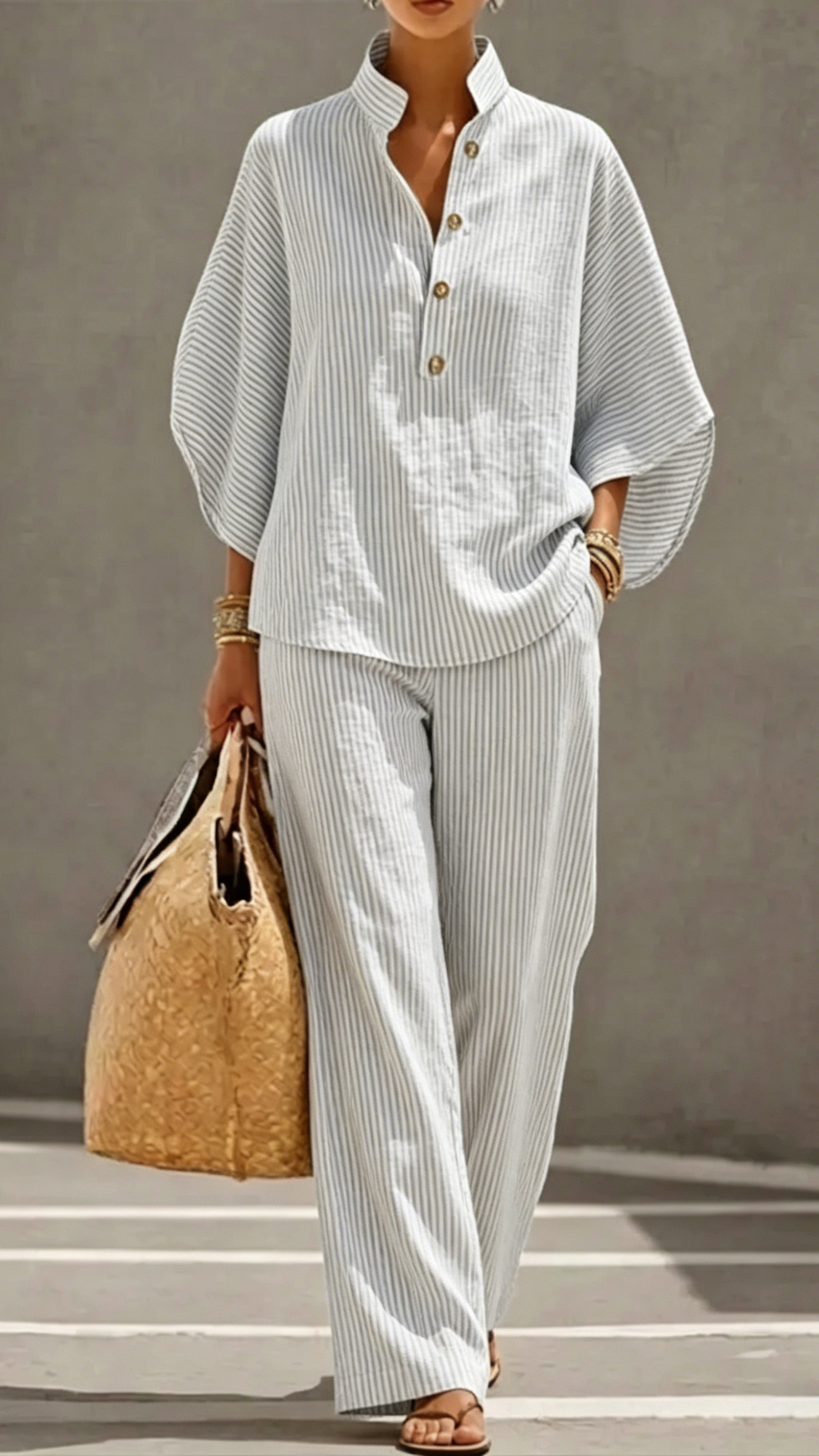 Women's Striped Linen-Cotton Batwing Sleeve Two-Piece Set