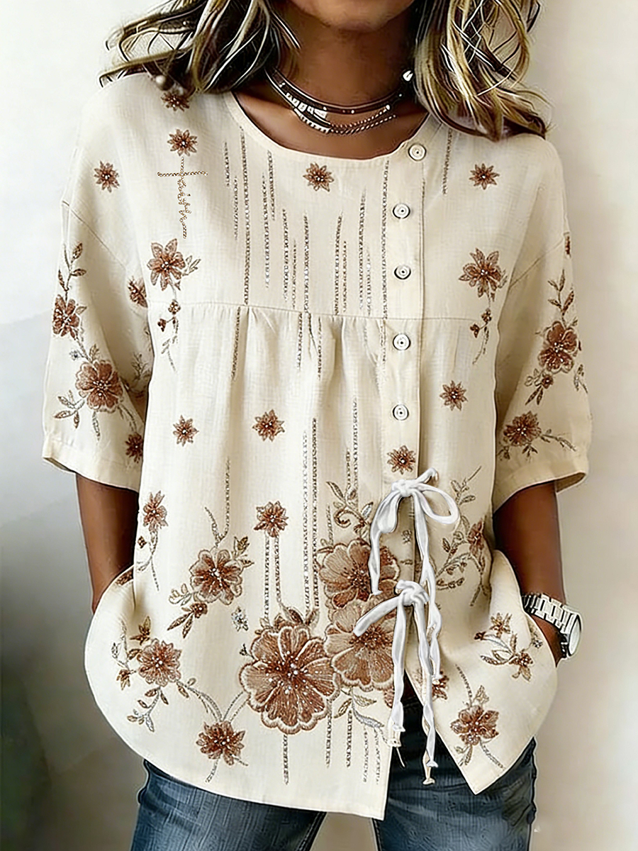 Women's Faith Flower Button Strap Cotton And Linen Shirt