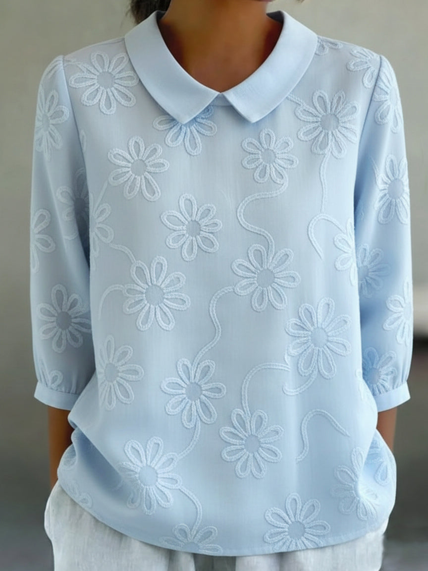 Romantic Floral Embroidered Peter Pan Collar Shirt Blouse