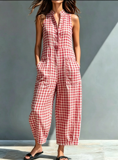 Women's Simple Linen Blend Button-Down Collar Plaid Sleeveless Loose Jumpsuit