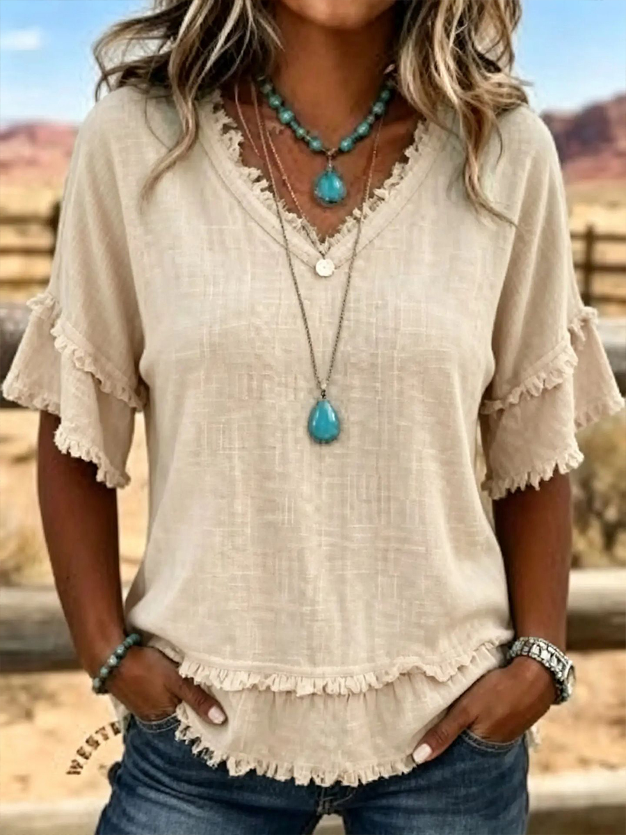 【Buy 2 Free Shipping】Women's Linen Blend V-Neck Fringe Trim Loose Fit Short Sleeve Top