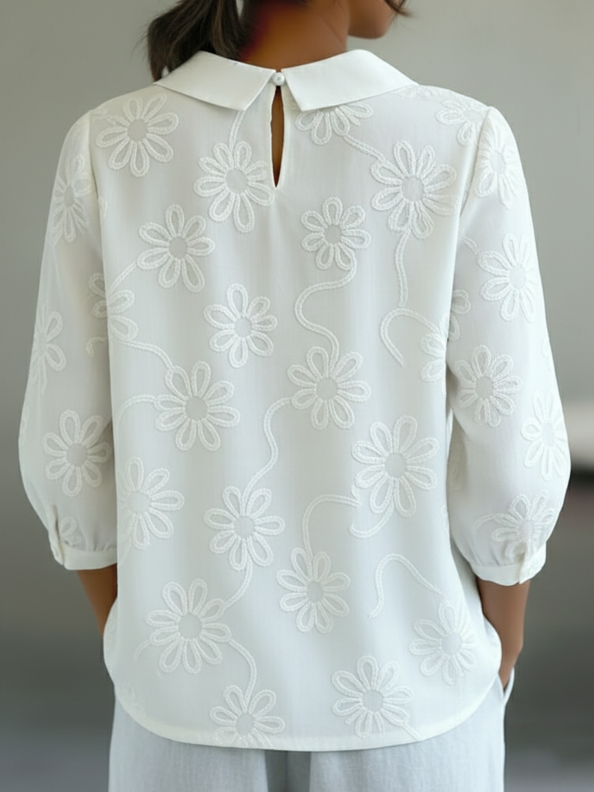 Romantic Floral Embroidered Peter Pan Collar Shirt Blouse