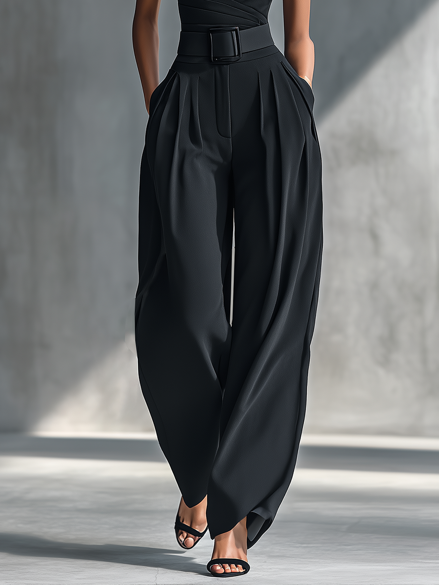 Women's Black Draped Wide-Leg Trousers