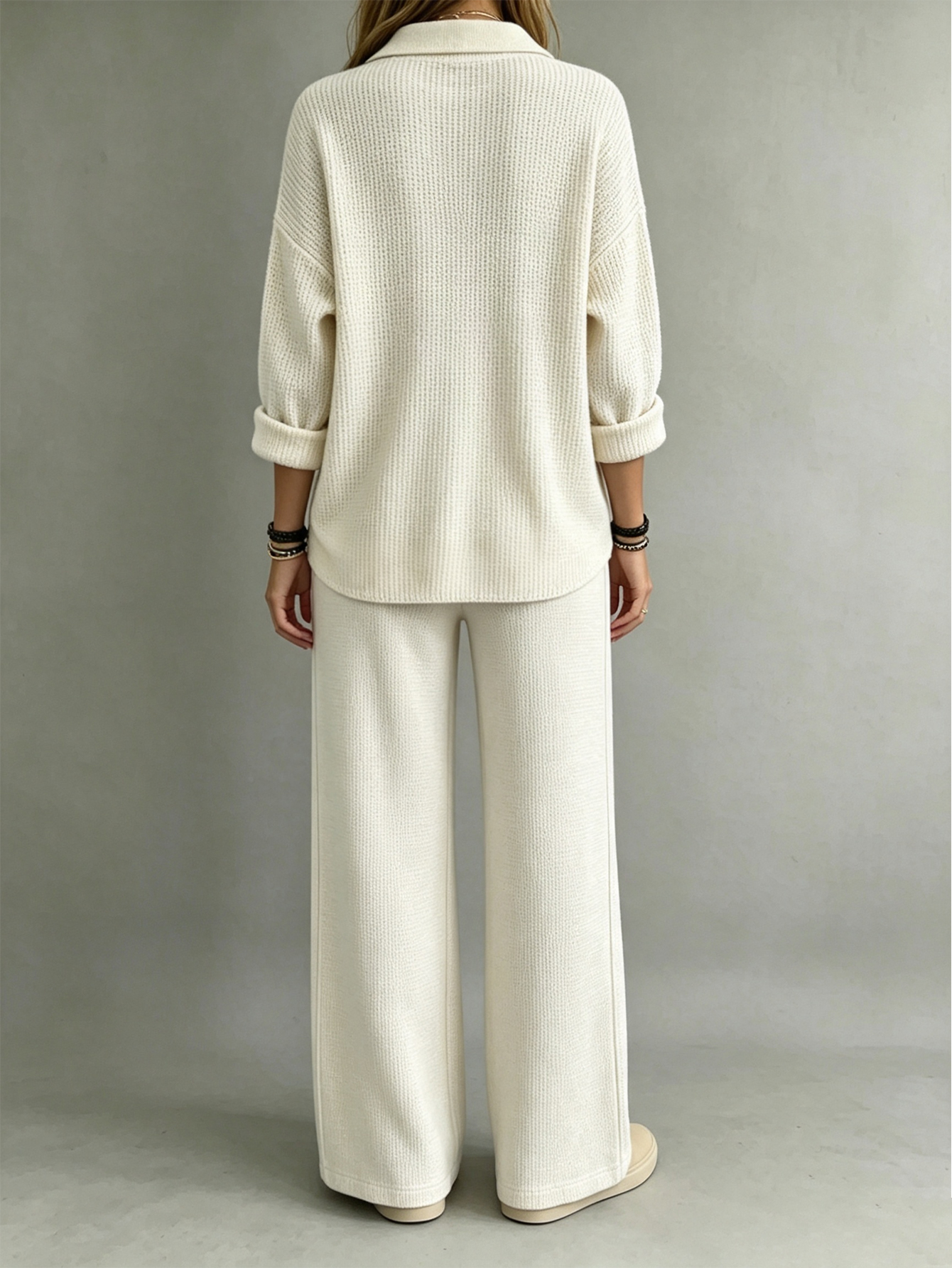 Waffle Knit Collared Henley Top & Wide Leg Pants 2-Piece Lounge Set