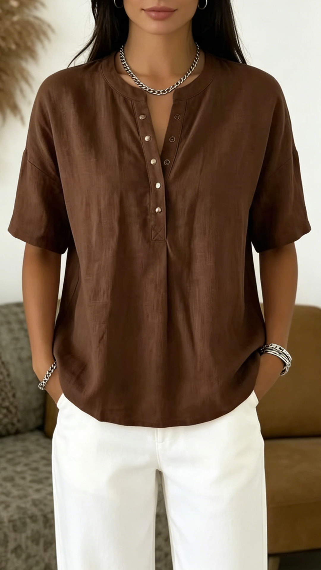Women's  Henley Neck Cotton-Blend Short-Sleeve Top