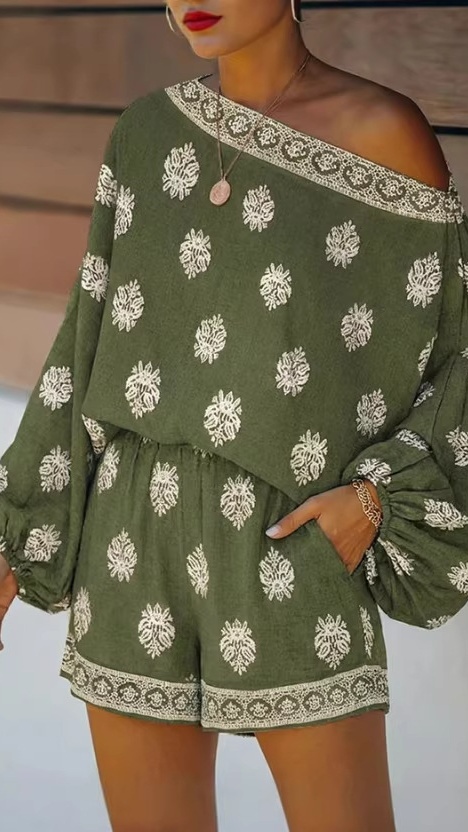 Women's Off-Shoulder Bardot Neckline Printed Jumpsuit with Lantern Sleeves