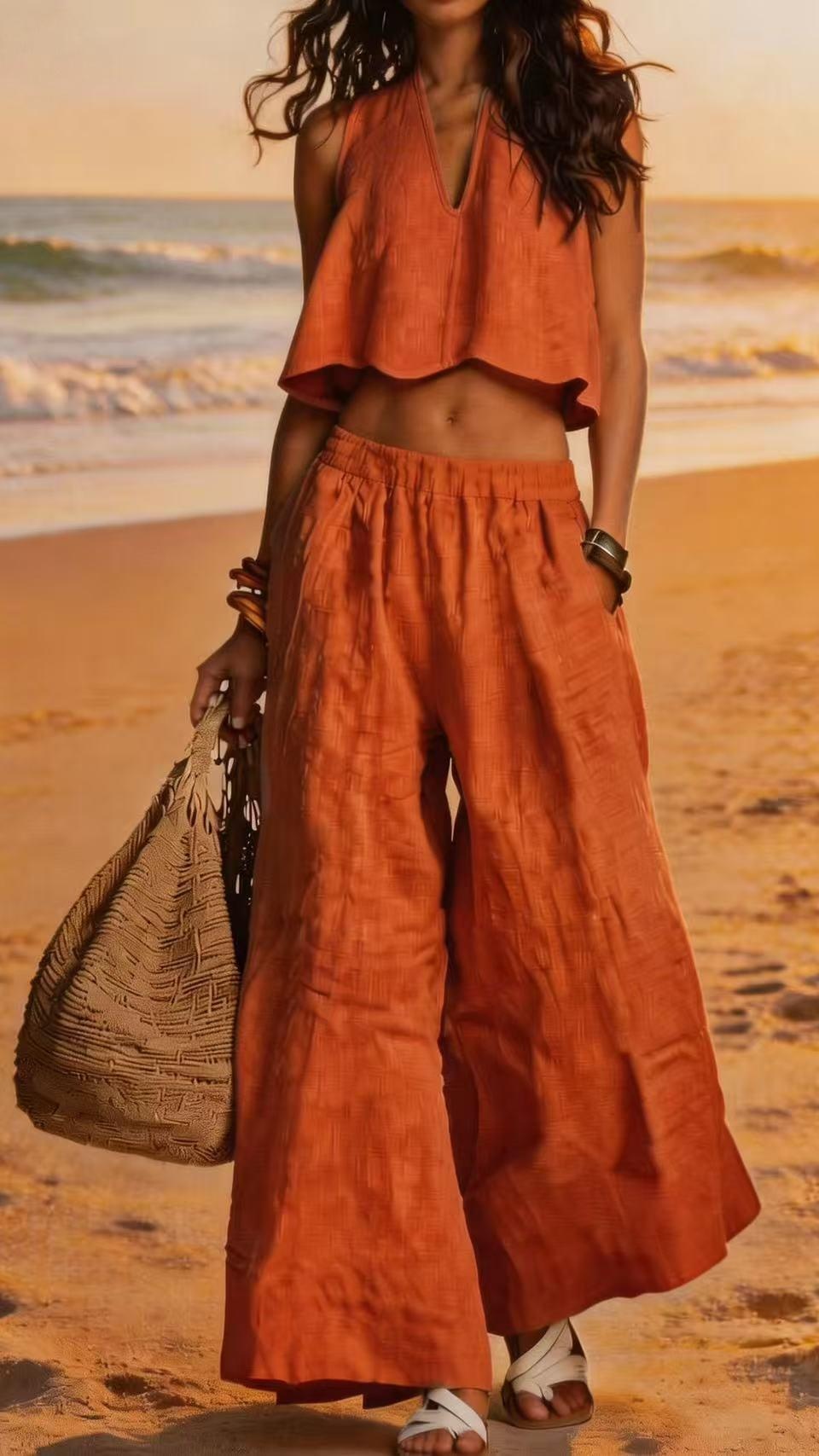 A two-piece linen suit for women, a vacation-style sleeveless top and wide-leg pants