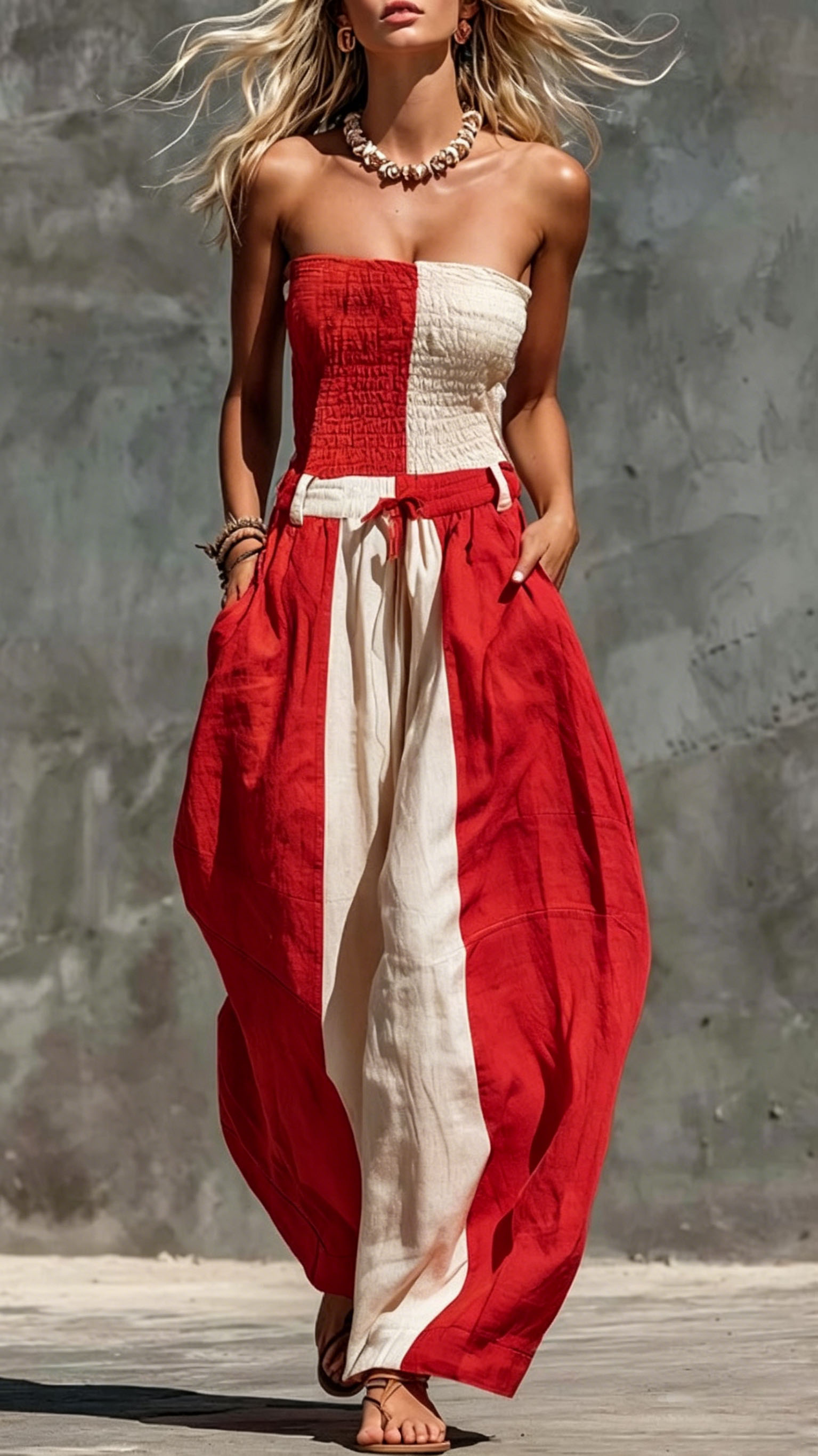 Women's strapless orange and off-white contrasting cotton-linen jumpsuit