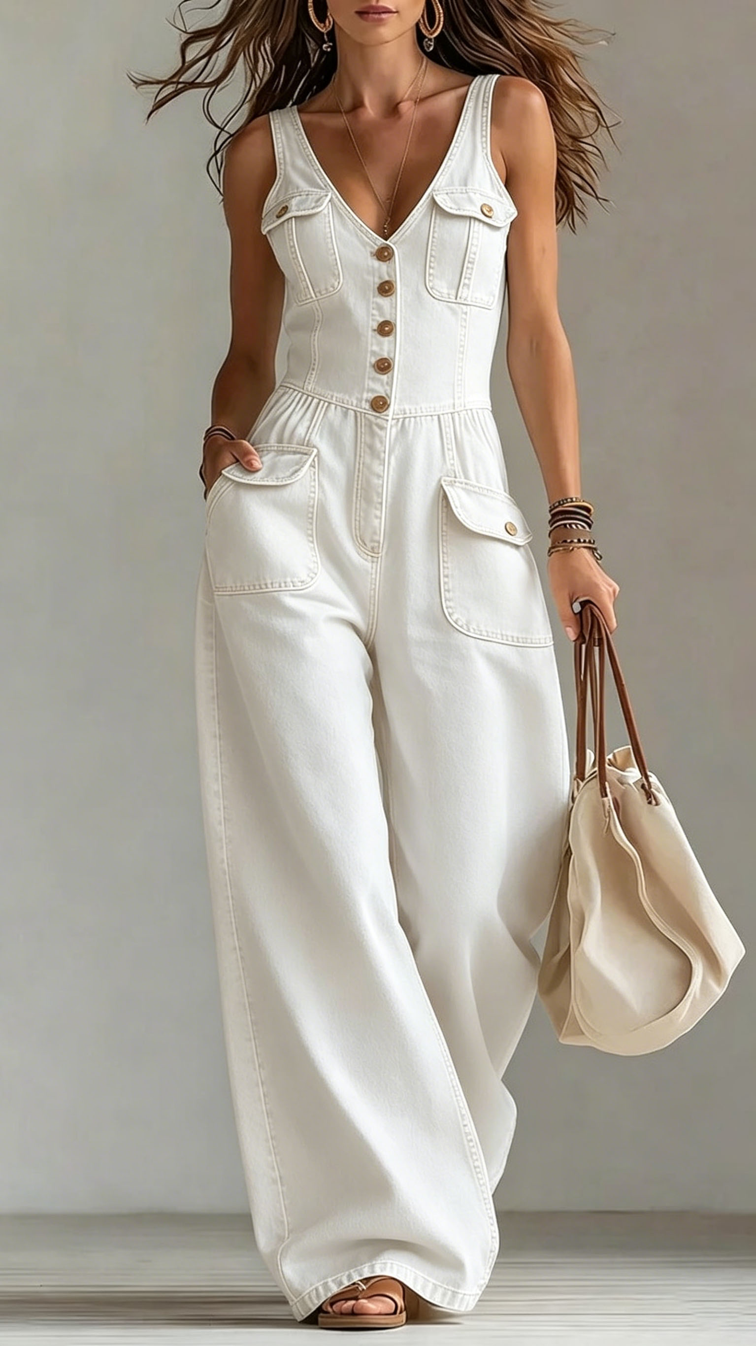 Women's Washed Denim Loose-Fit Sleeveless Jumpsuit with Straps