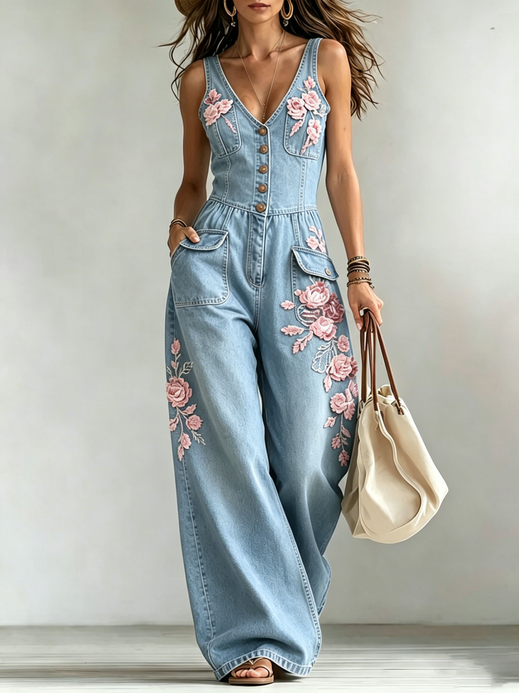 Women's Washed Denim Loose Print Sleeveless Jumpsuit