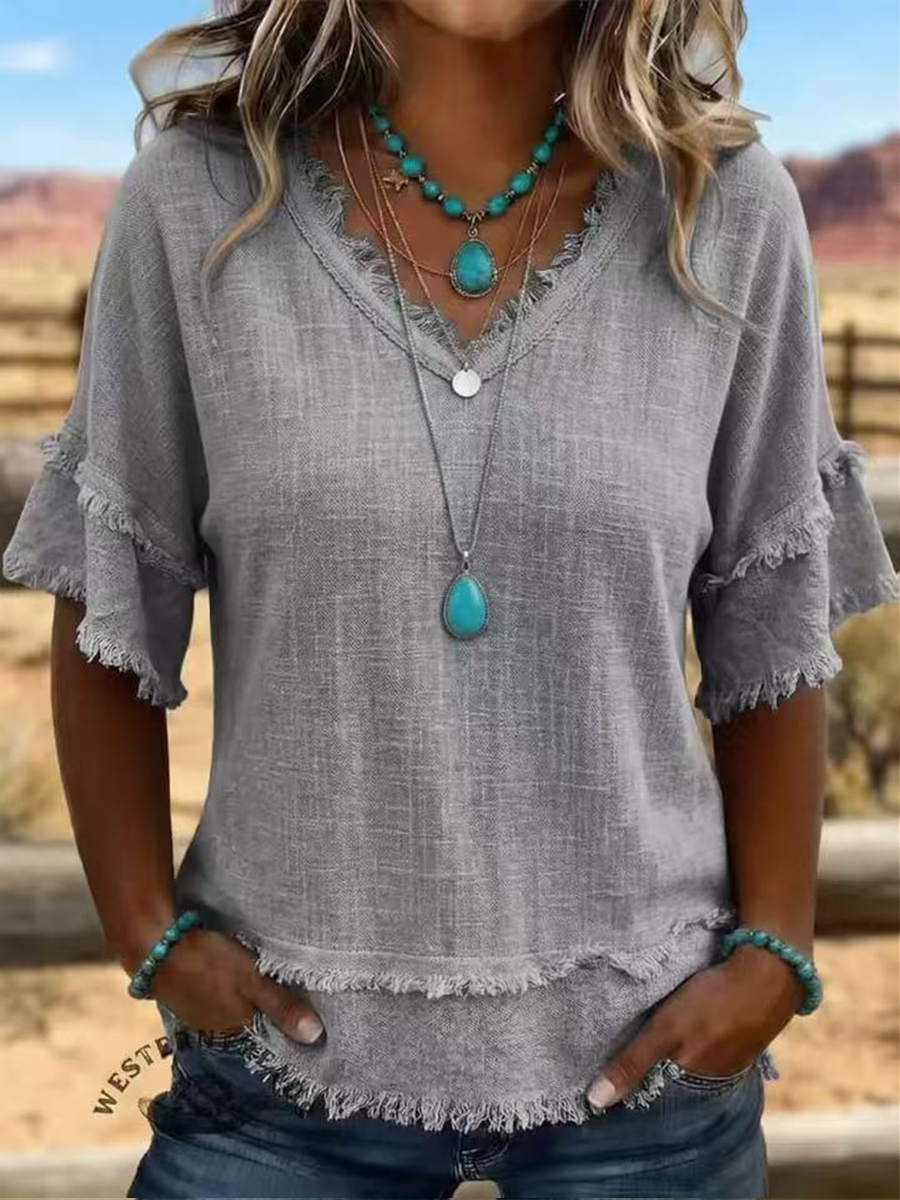 【Buy 2 Free Shipping】Women's Linen Blend V-Neck Fringe Trim Loose Fit Short Sleeve Top