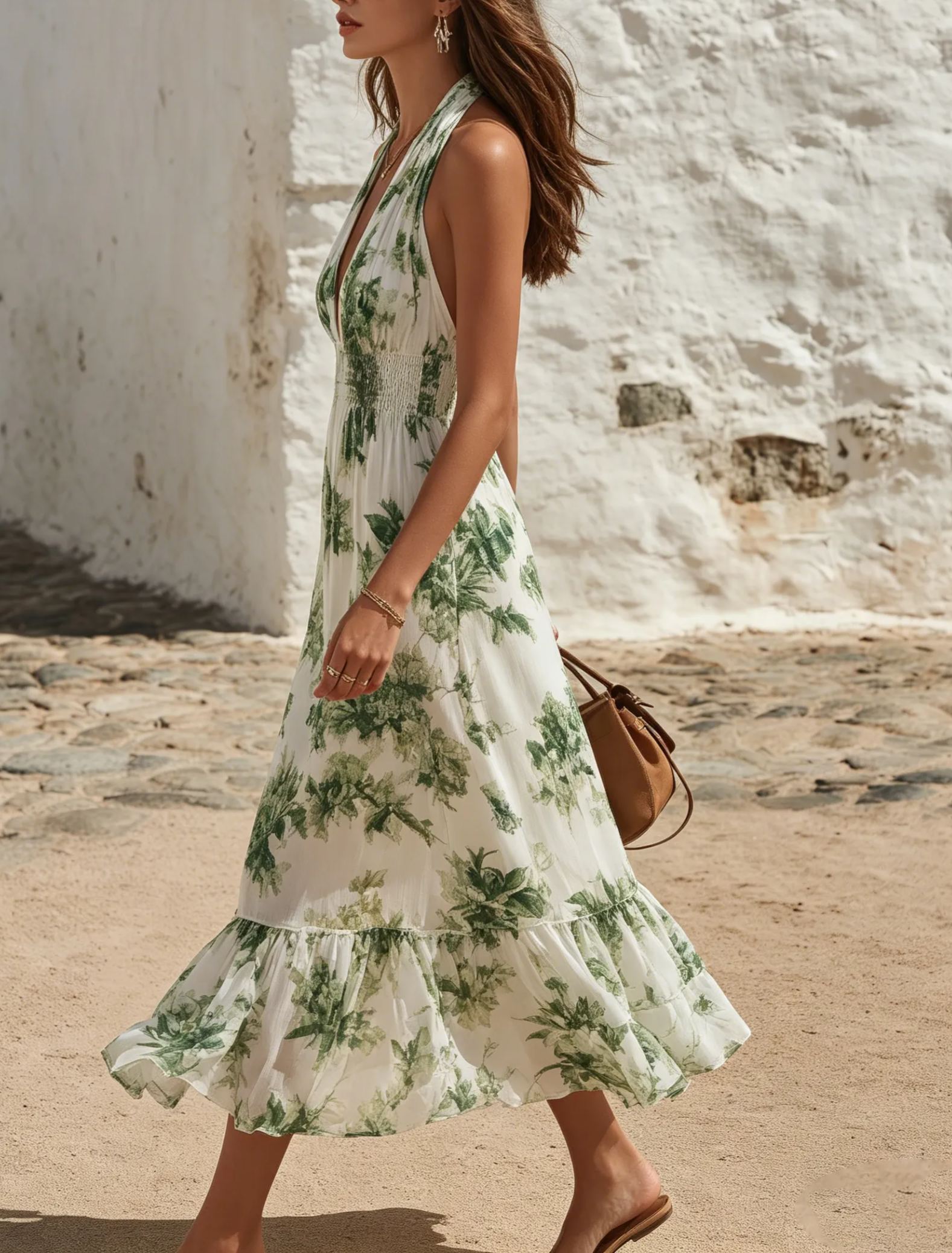 Vacation-Style V-Neck Sleeveless Botanical Print Chiffon Midi Dress