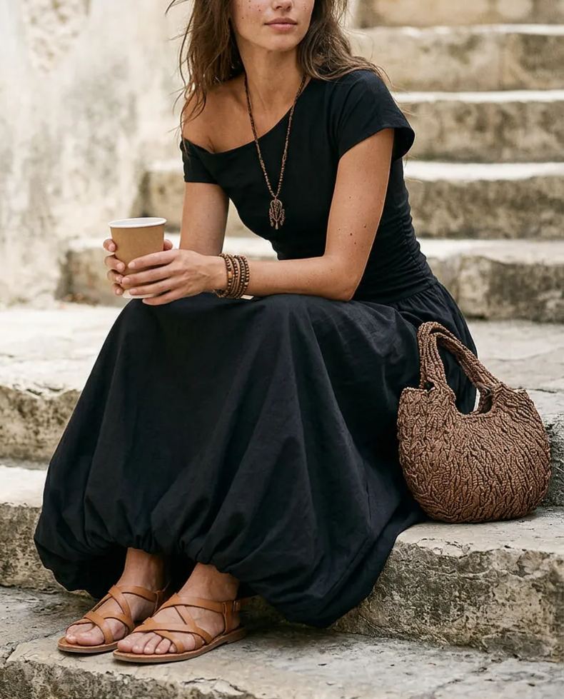 Vintage-style One-shoulder Balloon Hem Maxi Dress
