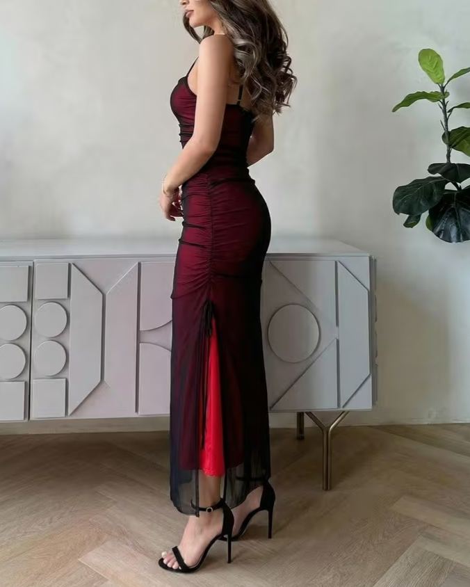 Mesh Ruched Side Slit Bodycon Cami Maxi Dress