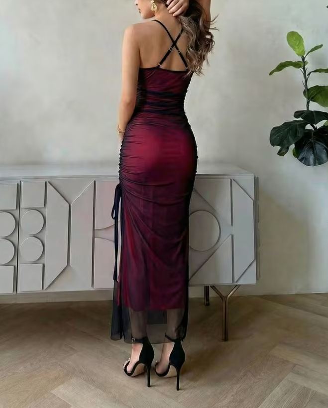 Mesh Ruched Side Slit Bodycon Cami Maxi Dress