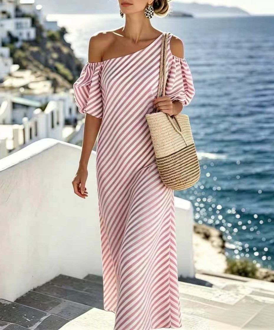 One-Shoulder Puff Sleeve Striped Maxi Dress