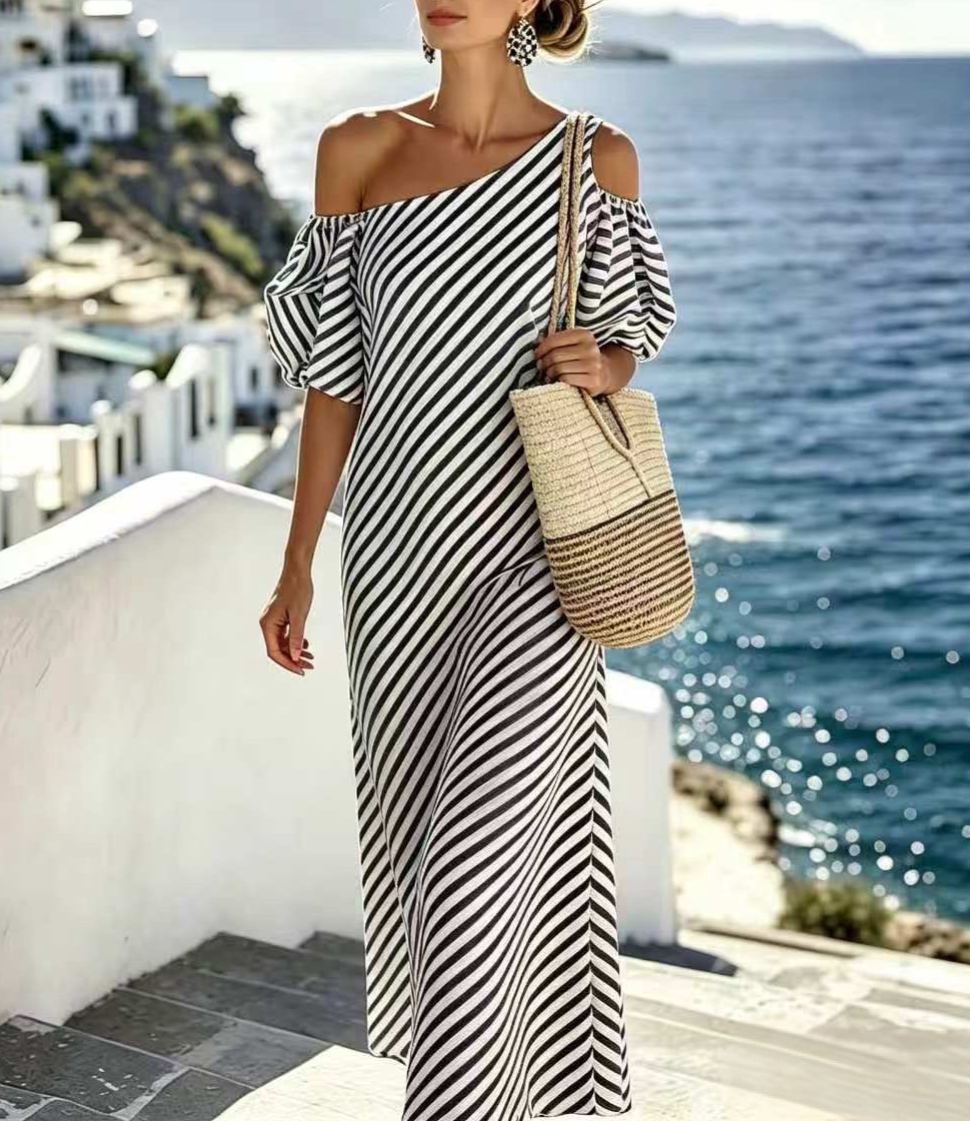 One-Shoulder Puff Sleeve Striped Maxi Dress