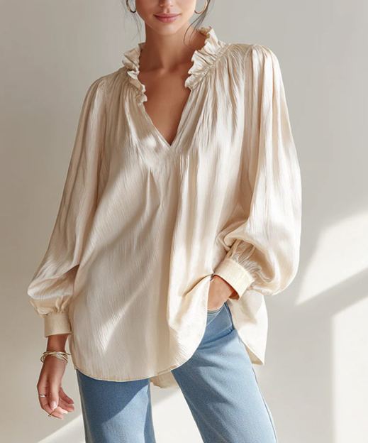 Women's Ruffle V Neck Blouse Long Balloon Sleeve Loose Fit Casual Dressy Top
