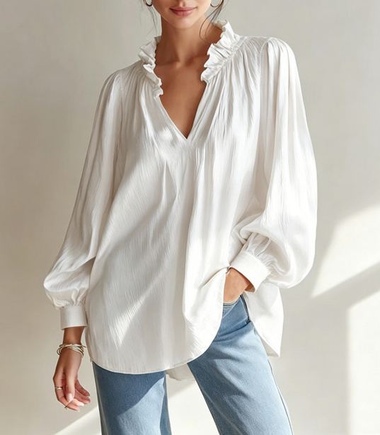 Women's Ruffle V Neck Blouse Long Balloon Sleeve Loose Fit Casual Dressy Top