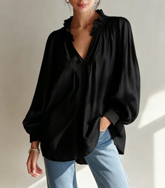 Women's Ruffle V Neck Blouse Long Balloon Sleeve Loose Fit Casual Dressy Top
