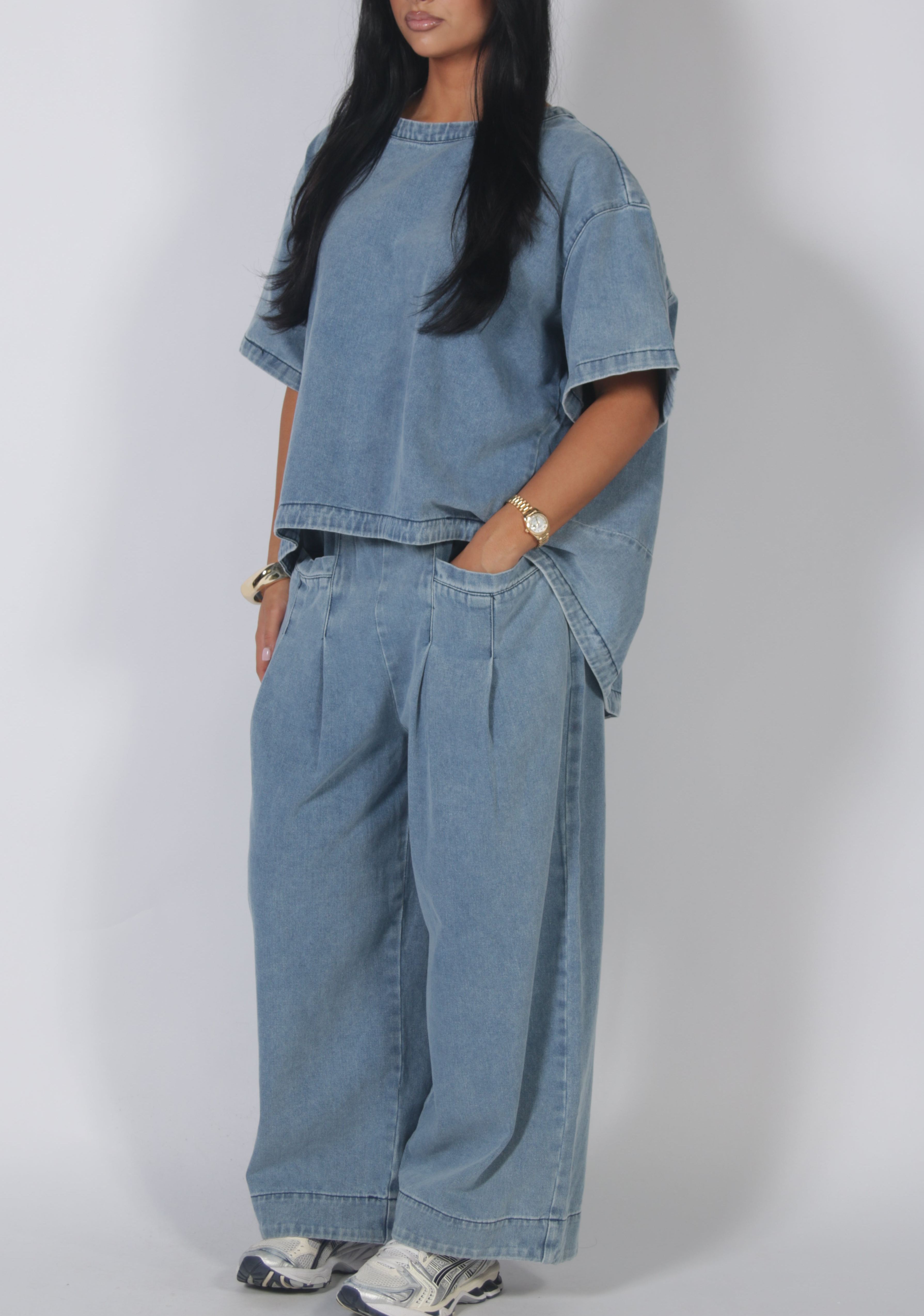 Oversized Short Sleeve Denim Top & Wide Leg Pants Set