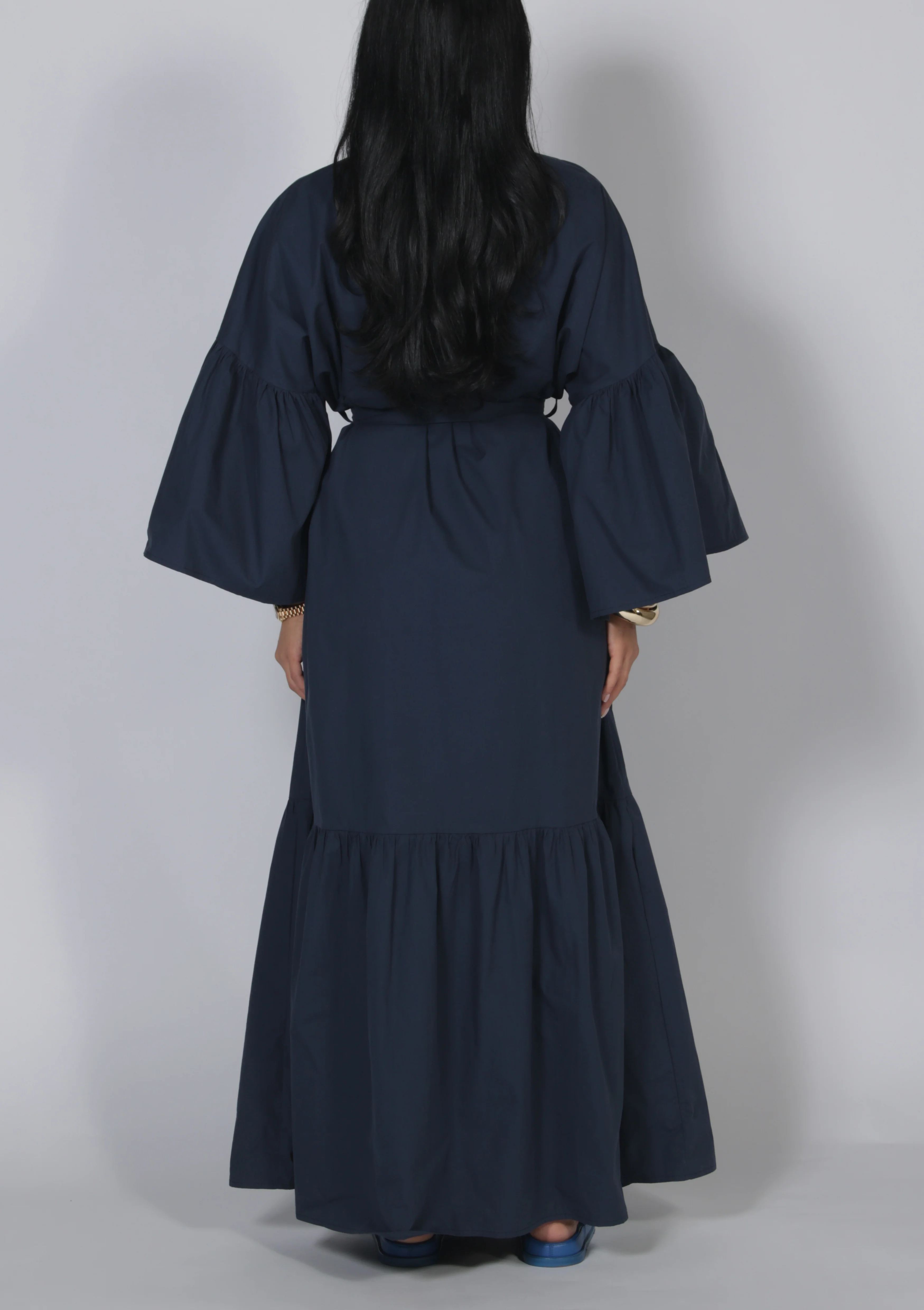 Tie Waist Balloon Sleeve Button-Front Maxi Shirt Dress