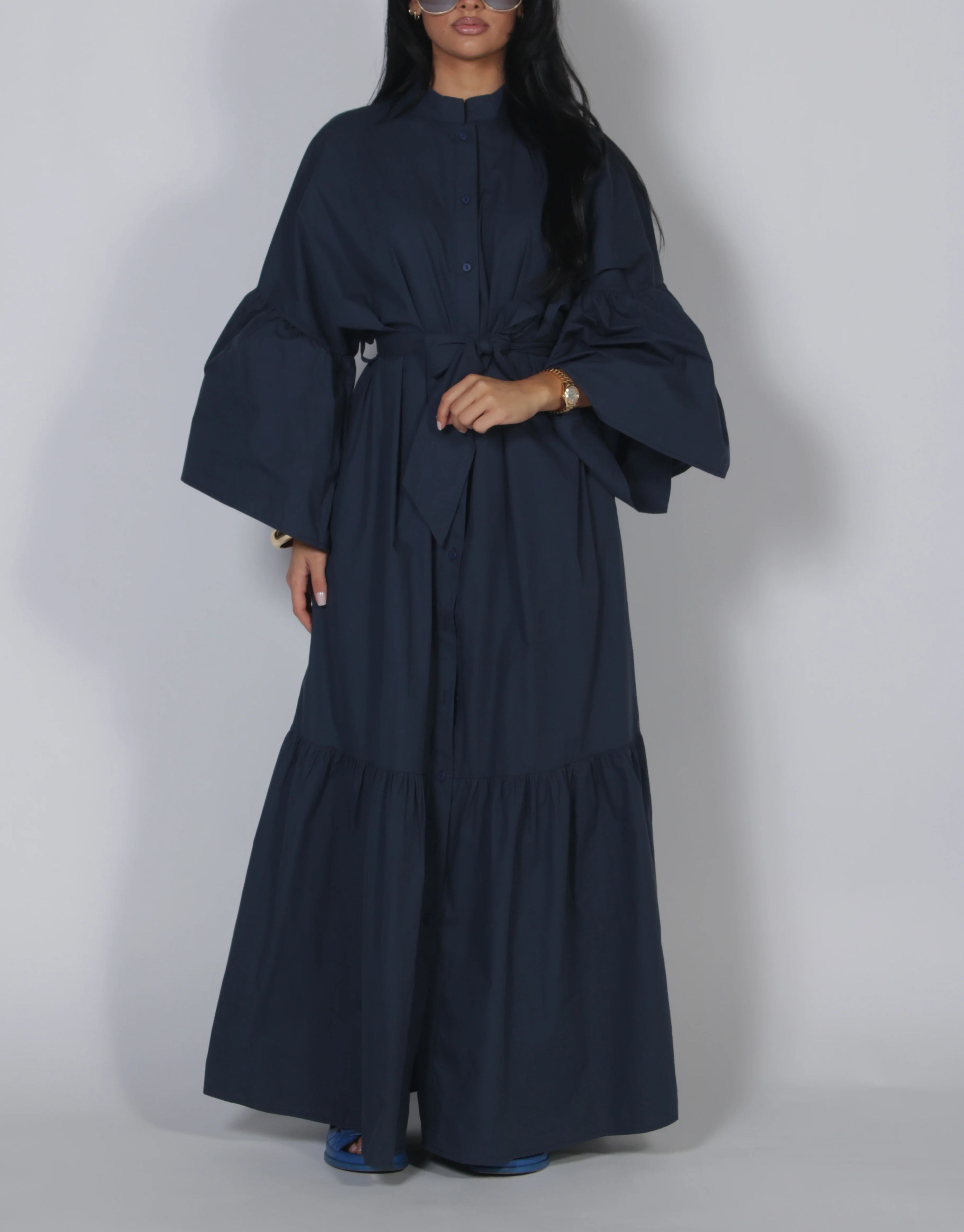 Tie Waist Balloon Sleeve Button-Front Maxi Shirt Dress