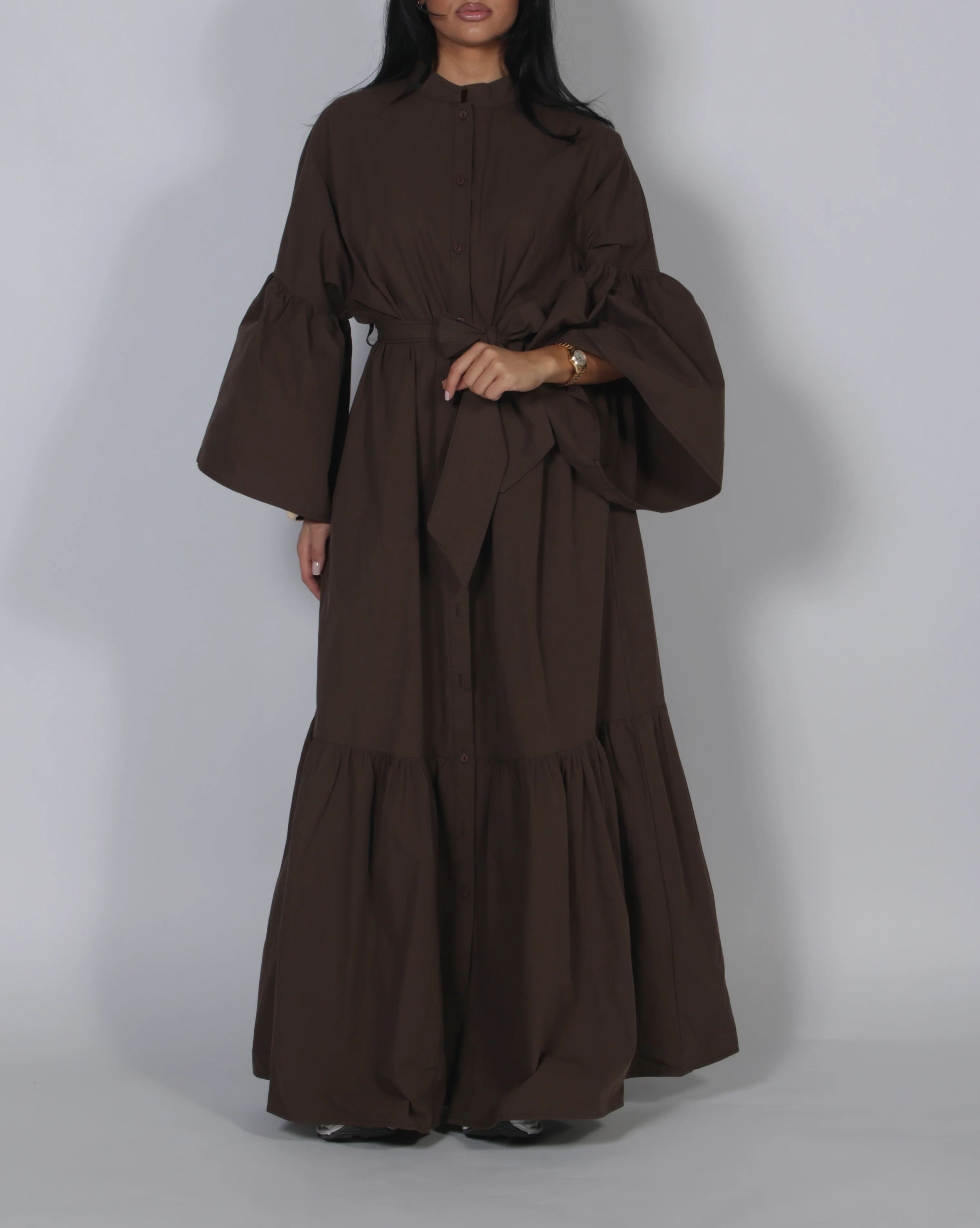 Tie Waist Balloon Sleeve Button-Front Maxi Shirt Dress