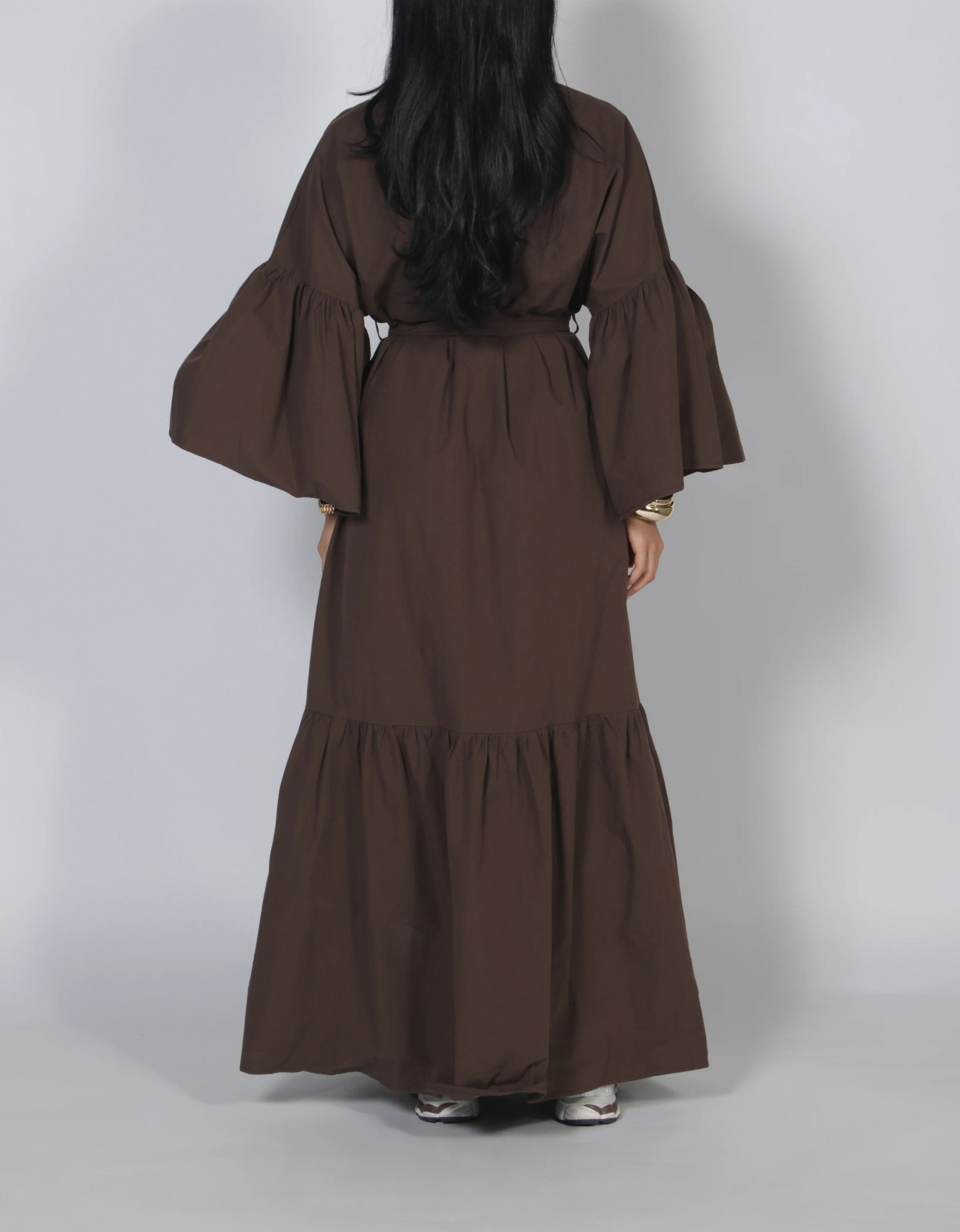 Tie Waist Balloon Sleeve Button-Front Maxi Shirt Dress