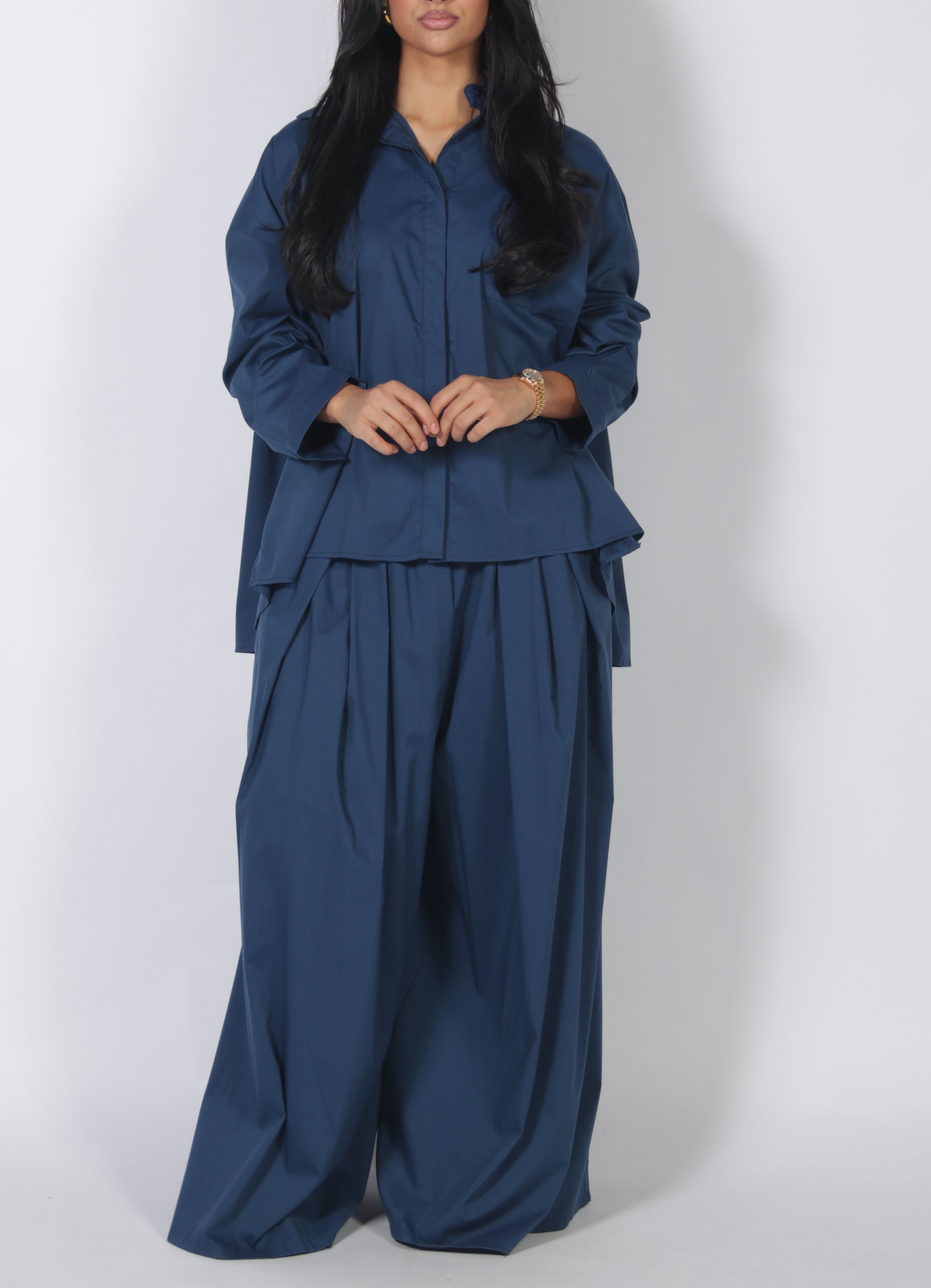 Relaxed Stand Collar Top & Wide Leg Pants Set