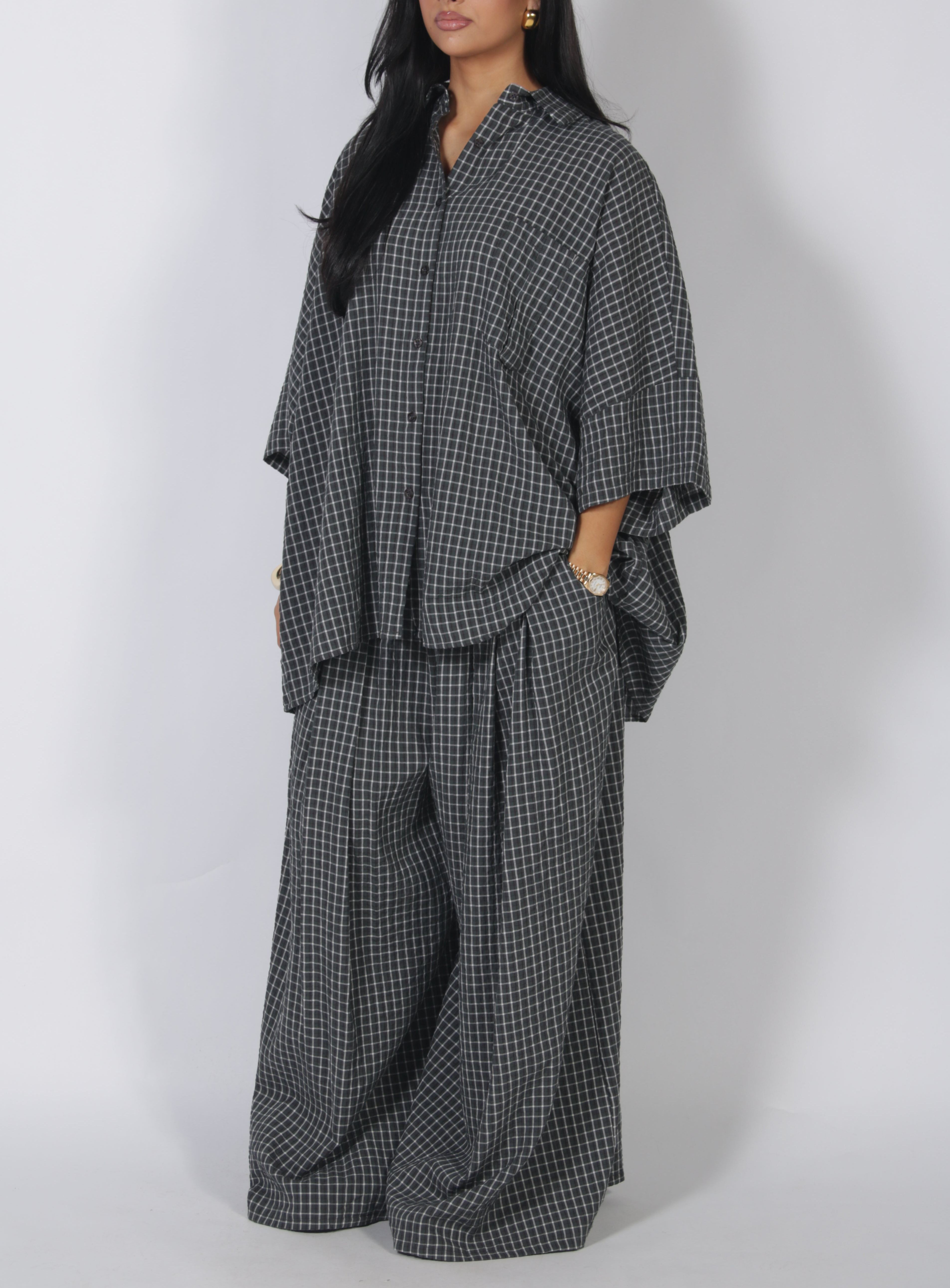 Oversized Plaid Shirt & Wide Leg Pants Set