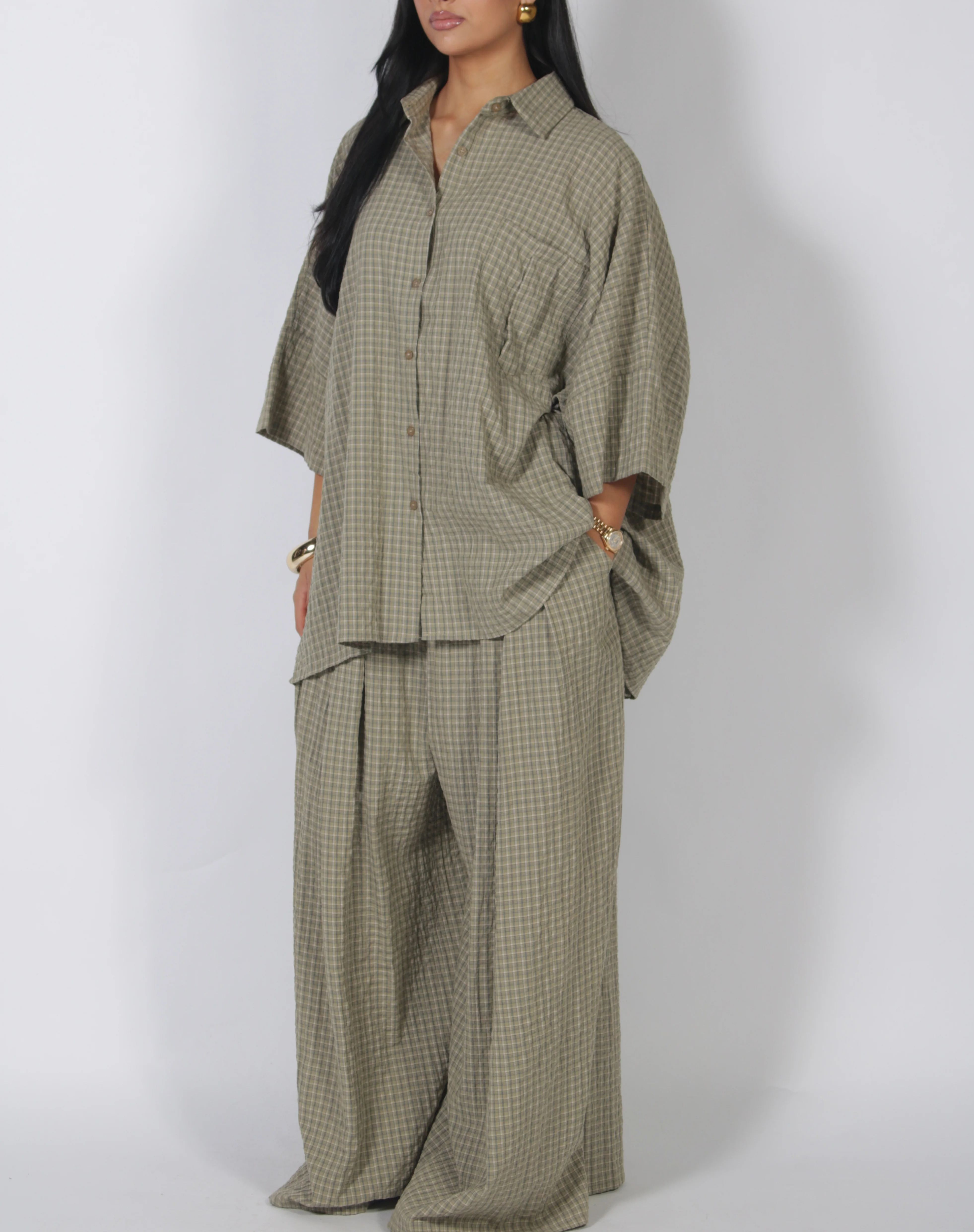 Oversized Plaid Shirt & Wide Leg Pants Set