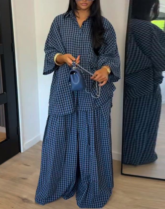 Oversized Plaid Shirt & Wide Leg Pants Set