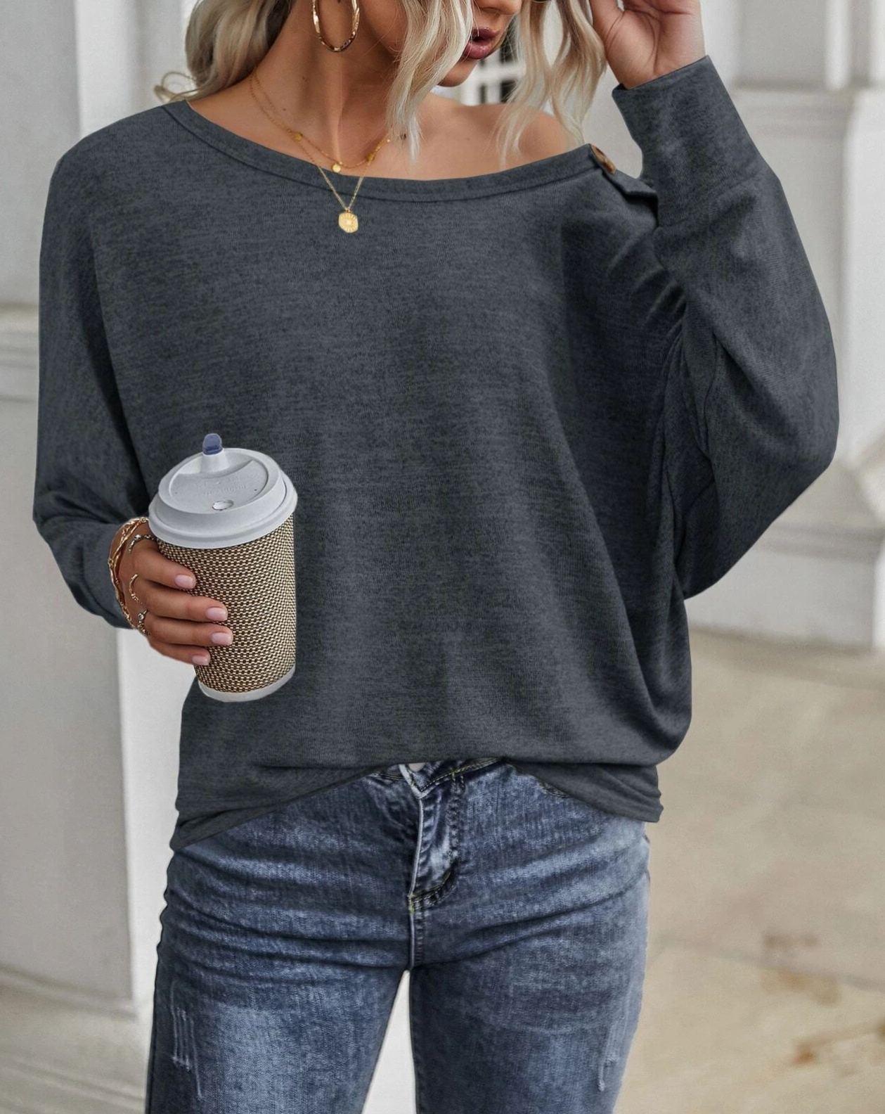 Women's Off-the-Shoulder Batwing Sleeve Top with Button Detail Loose Casual Blouse