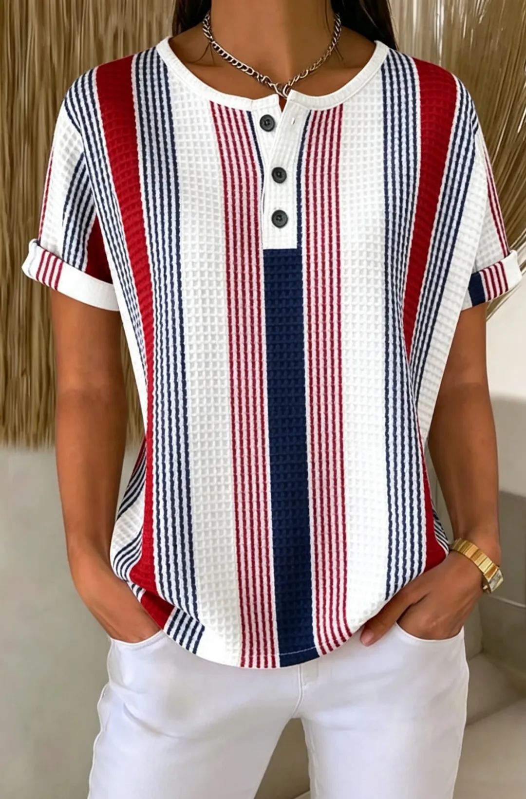 Waffle Knit Colorful Striped Henley Neck Rolled Short Sleeve Top