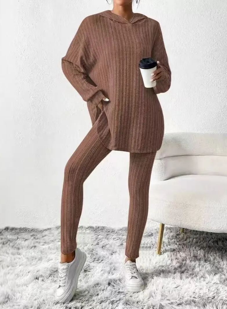 Women’s Hooded Knit Lounge Set, Oversized Tunic Sweater Top & Slim Pants Two Piece Outfit