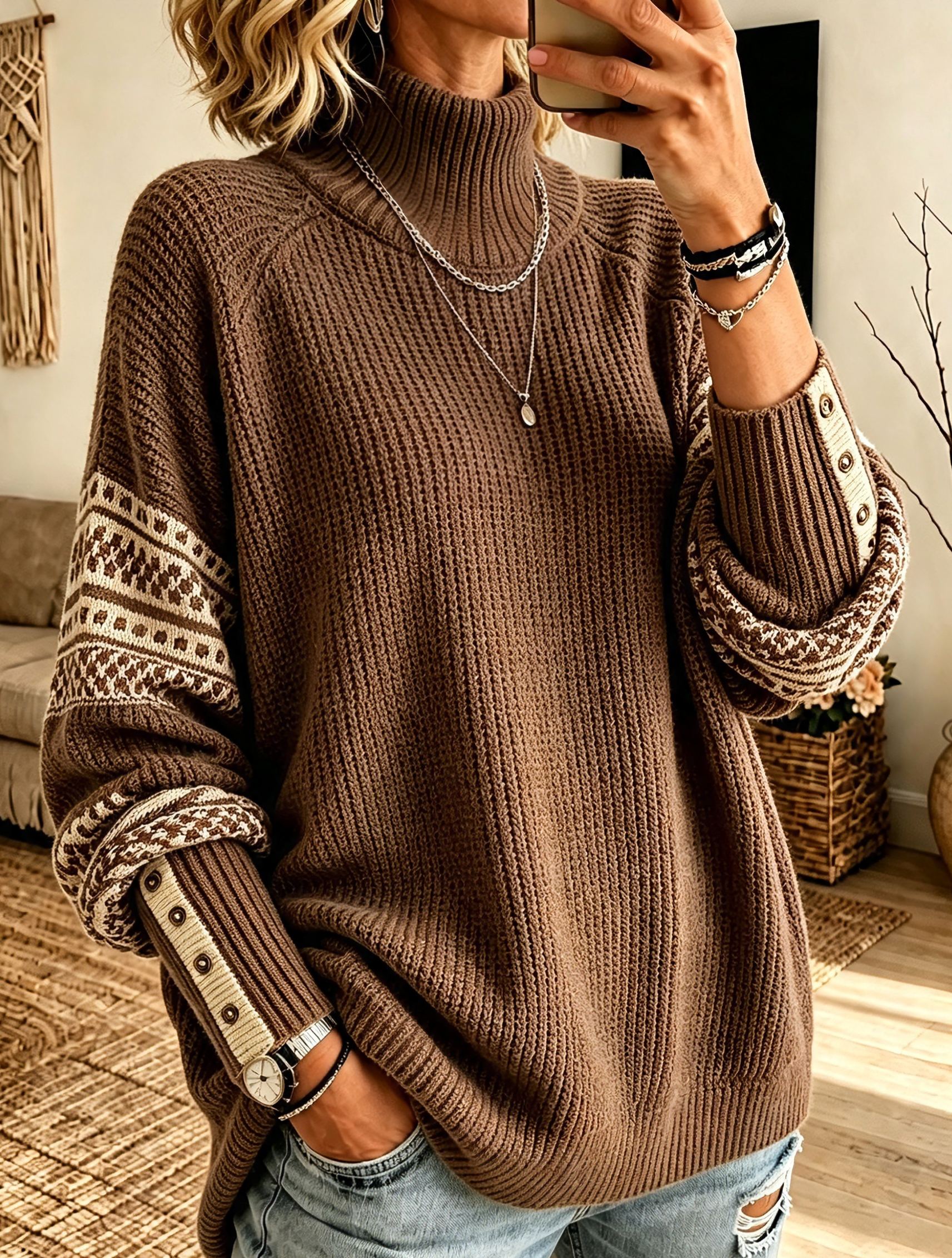 Women's Vintage Pattern Sleeve Turtleneck Knit Sweater, Relaxed Fit Cozy Pullover Top