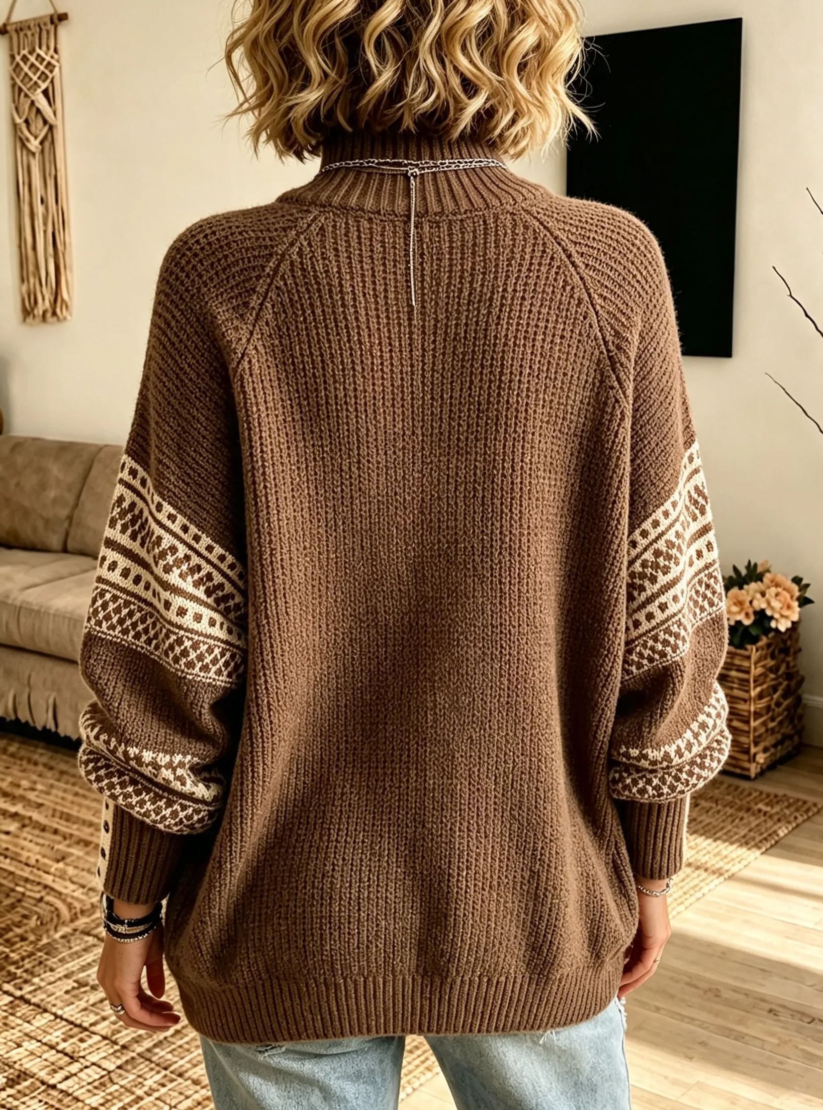 Women's Vintage Pattern Sleeve Turtleneck Knit Sweater, Relaxed Fit Cozy Pullover Top
