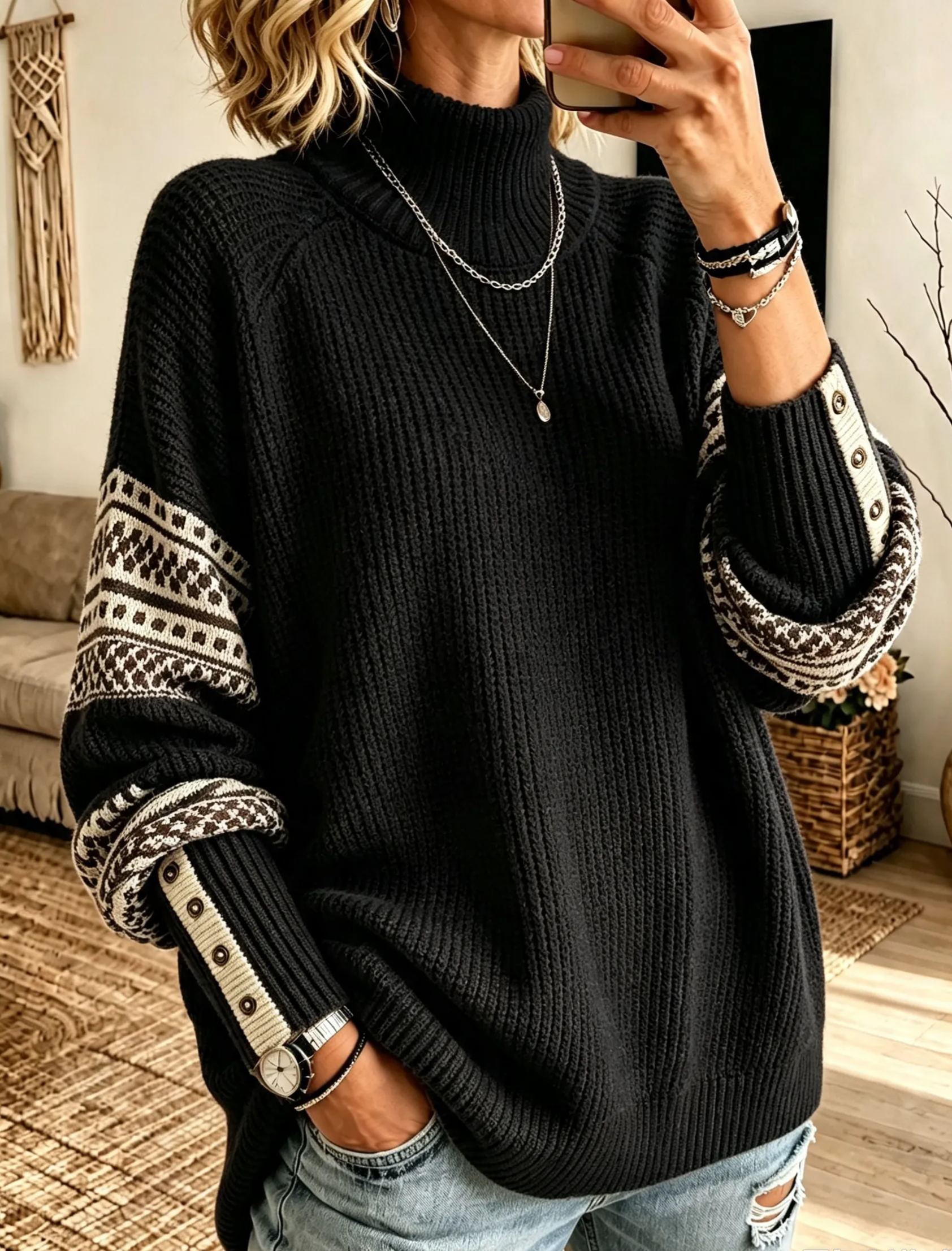 Women's Vintage Pattern Sleeve Turtleneck Knit Sweater, Relaxed Fit Cozy Pullover Top