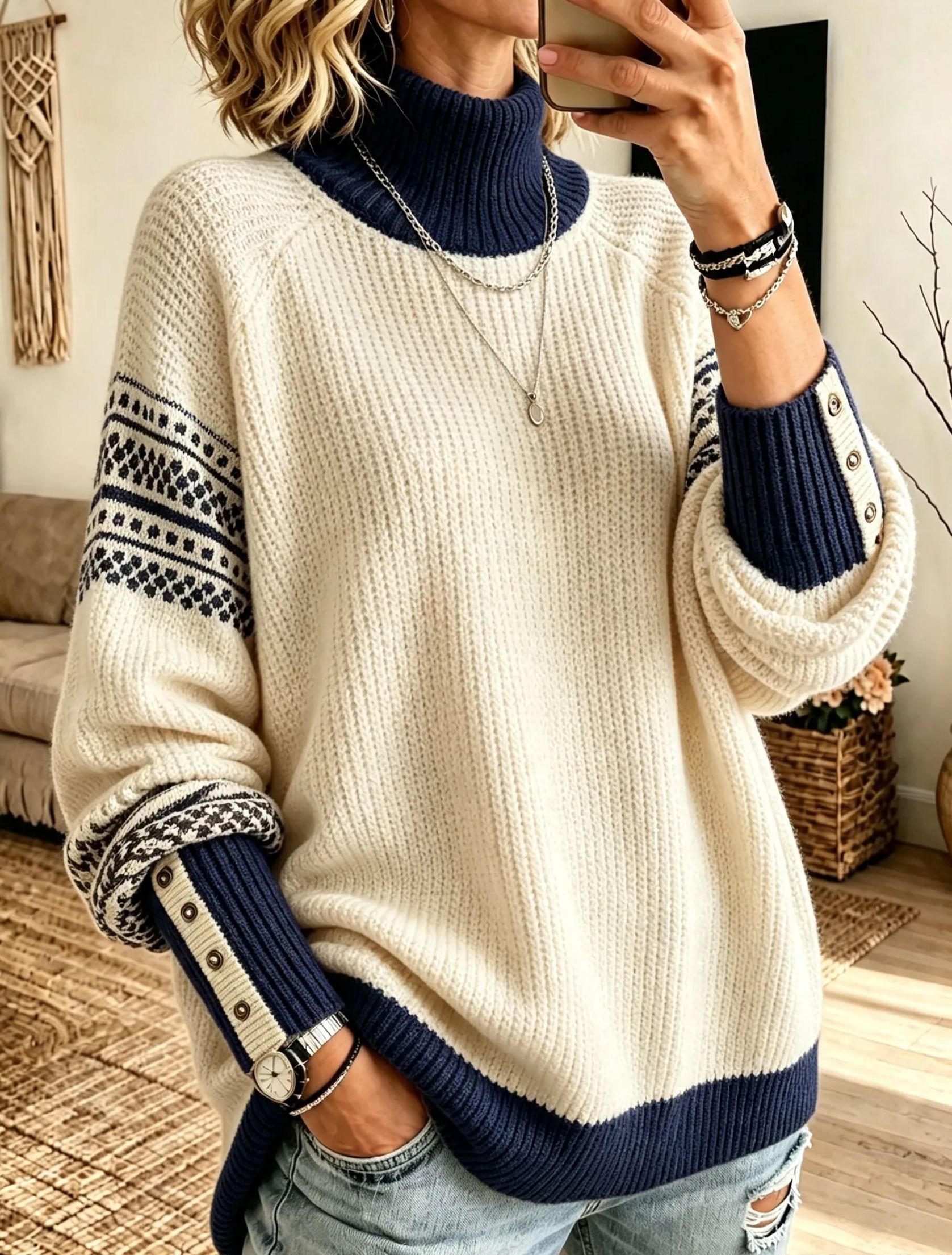 Women's Vintage Pattern Sleeve Turtleneck Knit Sweater, Relaxed Fit Cozy Pullover Top