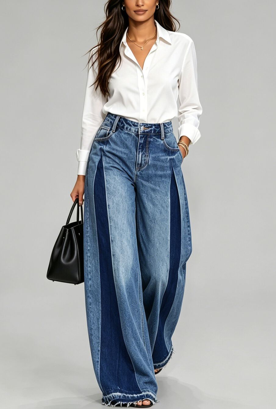 Women's Casual Chic Color Block High Waist Frayed Hem Wide Leg Jeans