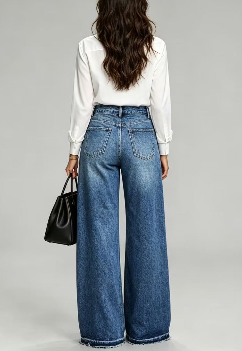Women's Casual Chic Color Block High Waist Frayed Hem Wide Leg Jeans