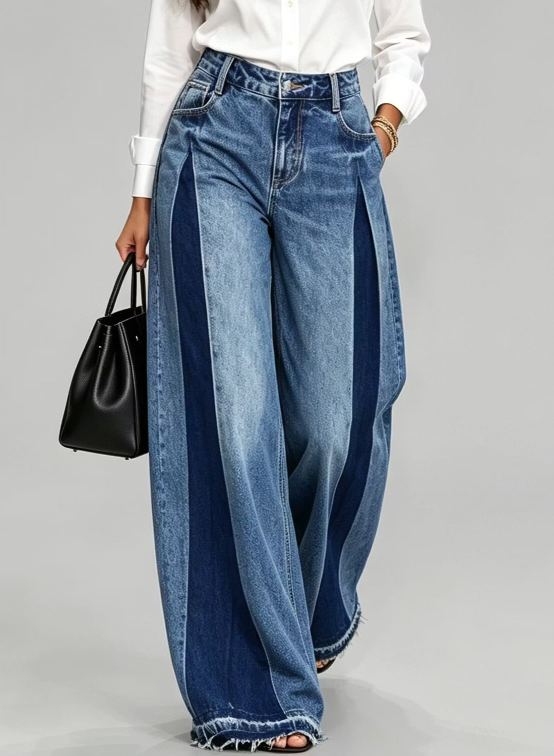 Women's Casual Chic Color Block High Waist Frayed Hem Wide Leg Jeans
