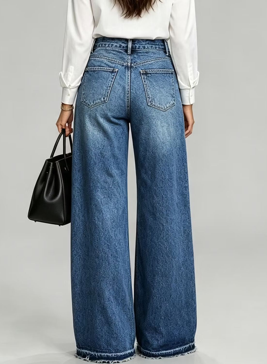 Women's Casual Chic Color Block High Waist Frayed Hem Wide Leg Jeans