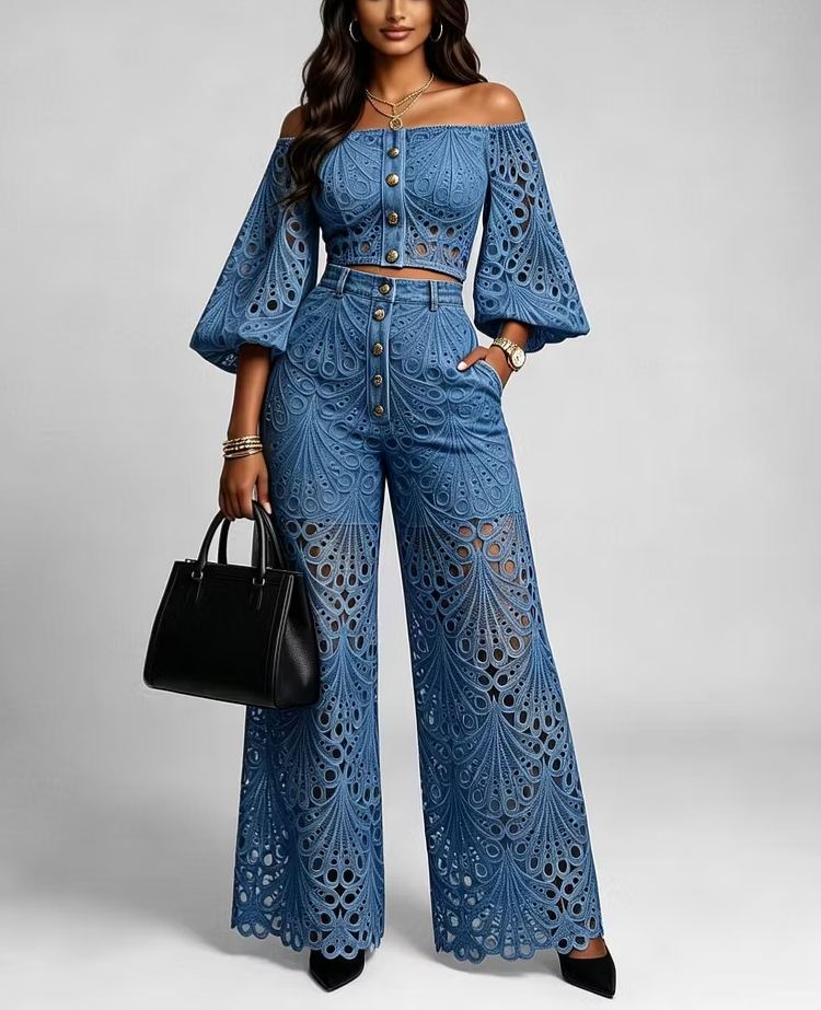 Women's Lace Cutout Two Piece Set, Off Shoulder Puff Sleeve Crop Top & Wide Leg Pants Outfit