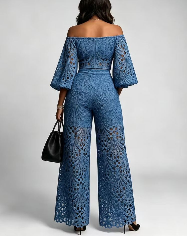 Women's Lace Cutout Two Piece Set, Off Shoulder Puff Sleeve Crop Top & Wide Leg Pants Outfit