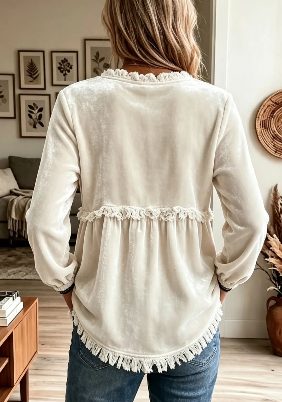 Women's Velvet Fringe Trim Blouse, Vintage  Long Sleeve Top
